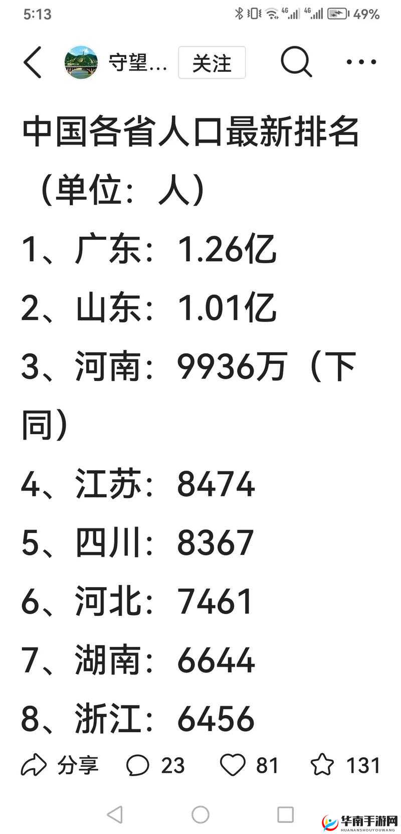 中国人口大省排名：广东山东河南四川江苏