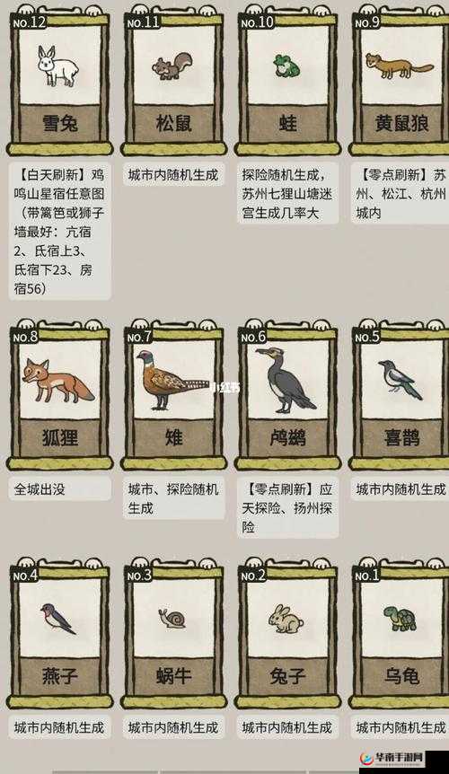 江南百景图小动物抓捕图鉴2022